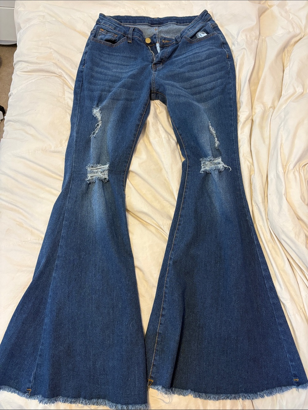 Dark Blue Distressed Flared Jeans for Women